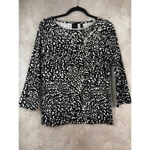 Rafaella Knit Top Womens Medium Black White Animal Print Grommet 3/4 Sleeve